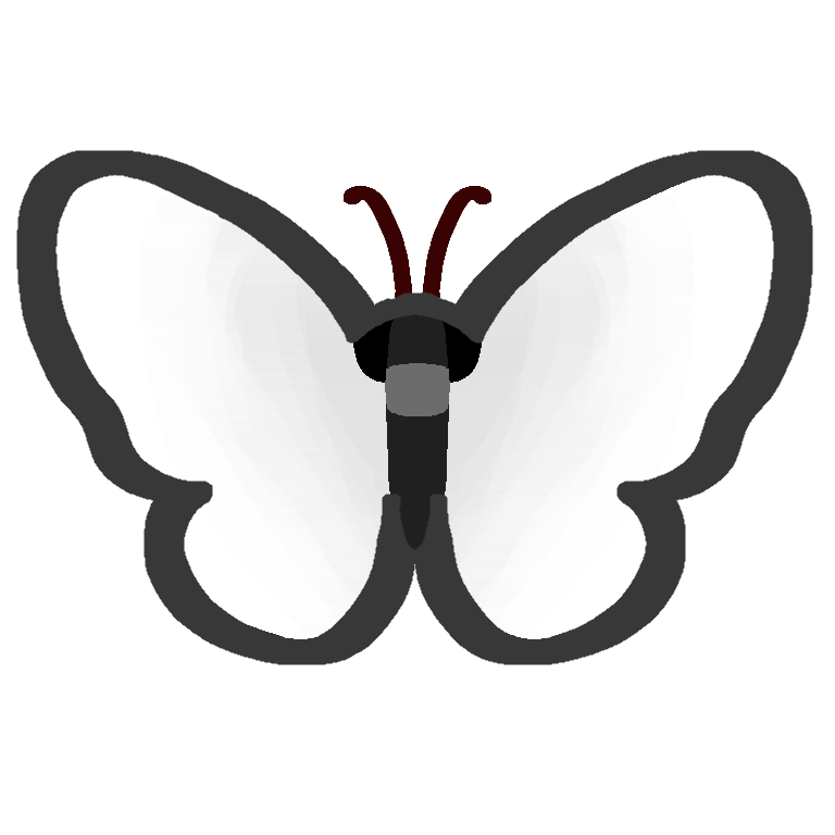 an icon of a simple butterfly. The outlines were light gray. The body of the butterfly is light black with a gray spot on its back with black eyes. The wings are pure white with minor off-white shading and no markings. The antenna is dark brown
